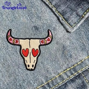 Cute Boho Cow Skull Heart Eyes Western Patch, Iron on, Sew on, Hook and Loop