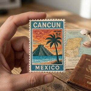 Cancun Mexico Travel Stamp Embroidered Patch, Mayan Ruins & Palm, Applique, Iron on, Sew on, Hook and Loop