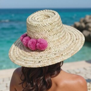 POM POM BEACH WOVEN SUN HAT SUPER CUTE BEACH HAT Tan Pom-Pom Straw Beach Sun Summer Floppy Hat Cap Size M/L  main image 3
