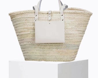 Handwoven Doum Palm Tote Bag: Off-White Leather Handles, 40cm Beach Market Bag