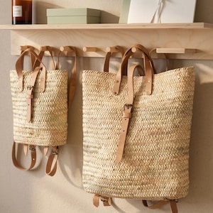 Palm Leaf Basket Backpack  Handwoven Moroccan Straw Rucksack Leather Strap Natural Woven Market Backpack Eco Gift for Her