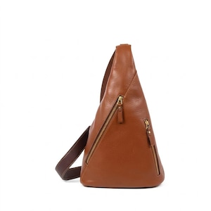 Leather Sling Bag Crossbody Backpack Tan | Moroccan Leather Chest Bag Men Women | Triangle Shoulder Bag Brass Zipper