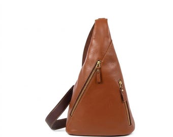 Leather Sling Bag Crossbody Backpack Tan | Moroccan Leather Chest Bag Men Women | Triangle Shoulder Bag Brass Zipper