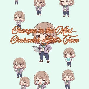 Può includere: Una raccolta di illustrazioni in stile chibi che mostrano un personaggio con capelli castani corti, blazer viola, camicia bianca e pantaloni scuri, con varie espressioni facciali. Il testo recita "Changes in the Mini-Character Girl's Face" e testo in giapponese.