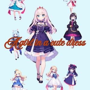 Può includere: Una collezione di personaggi in stile anime che indossano vari abiti di diversi colori e design, inclusi completi blu, viola e bianchi. Sono visualizzati il testo A girl in a cute dress e il testo giapponese 可愛いドレスの女の子.