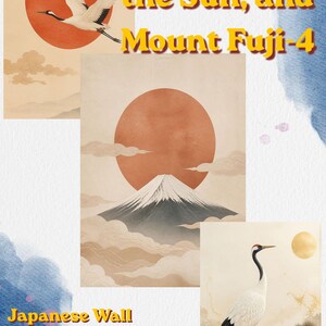 The Crane,Sun, and Mount Fuji Japanese-4　Inspired Fine Art Wall Decor