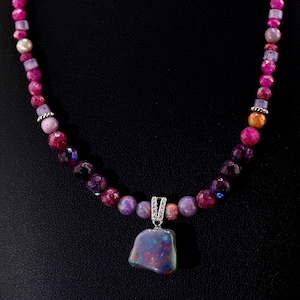 Black Ethiopian Opal Pendant Necklace, Ruby and Labradorite Gemstone Beads, 925 Sterling Silver