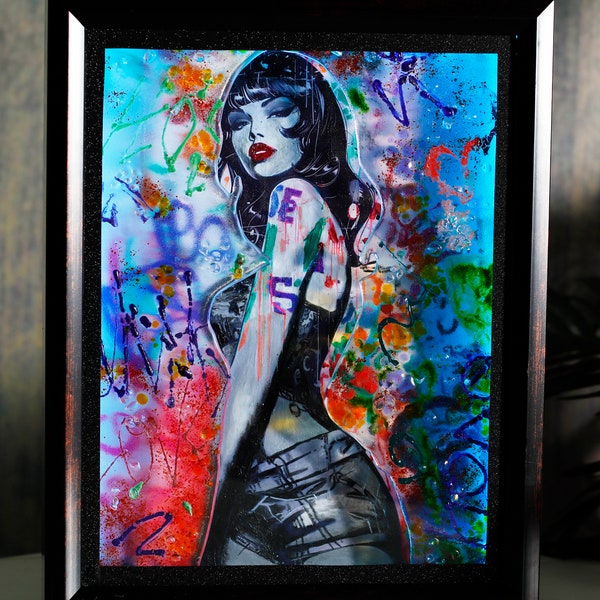 12"x16" Mixed Media Fused Glass & Acrylic on Canvas LED Shadow Box Art