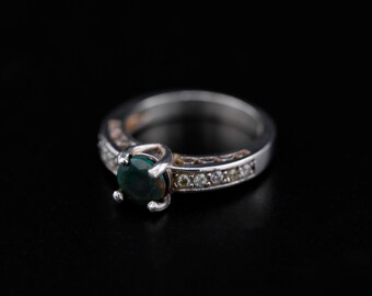 All Natural Round-Faceted Black Opal and CZ 925 Sterling Silver Purely Artisan Ring Size 7