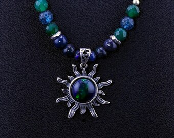 Pendentif soleil en argent sterling 925 avec opale d'Éthiopie noire naturelle de 10 mm et collier de perles multi-pierres