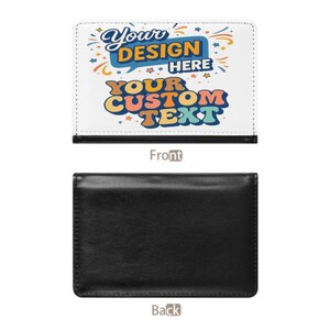 May include: A black and white business card holder with the text "Your Design Here" and "Your Custom Text" in a colorful, retro font. The back of the holder is solid black.
