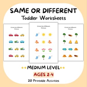 May include: Three printable toddler worksheets titled SAME OR DIFFERENT Toddler Worksheets, MEDIUM LEVEL, AGES 2-4, 20 Printable Activities. Each page features rows of colorful icons like cars, trucks, suns, butterflies, trees, and tents.