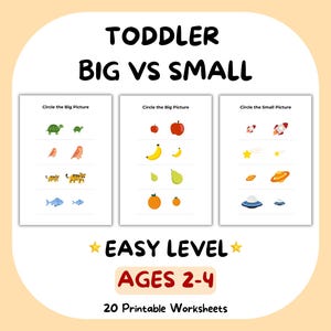 以下が含まれることがあります： 「TODDLER BIG VS SMALL」というタイトルの、幼児向けの印刷可能なワークシート。ワークシートには、カメ、リンゴ、バナナ、梨、オレンジ、ロケット、星、UFOの画像が含まれています。「EASY LEVEL」と「AGES 2-4」の文字も表示されています。
