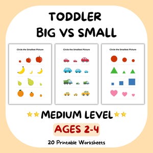 Puede incluir: Hoja de trabajo educativa para niños pequeños con el texto "TODDLER BIG VS SMALL". La hoja de trabajo incluye imágenes de frutas, coches y formas. El texto "Circle the Smallest Picture" está en la parte superior de cada sección. También se incluye el texto "AGES 2-4".
