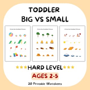 Puede incluir: Una hoja de trabajo para niños pequeños con el texto "TODDLER BIG VS SMALL". La hoja de trabajo incluye imágenes de varios objetos, como pelotas, árboles y cohetes, con instrucciones para rodear la imagen más pequeña. También se ve el texto "HARD LEVEL" y "AGES 2-5".