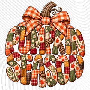 May include: A graphic design shaped like a pumpkin with a large orange and white gingham bow on top. The letters forming the words PUMPKIN SEASON are filled with a patchwork pattern of autumn leaves, daisies, plaid, and polka dots in fall colours.