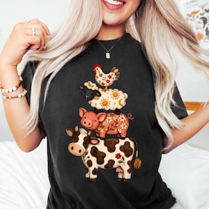Comfortkleuren western namaak patchwork boerderijdieren T-shirt, rustieke koe kip varken land design cadeau, boerderij western grafisch T-shirt