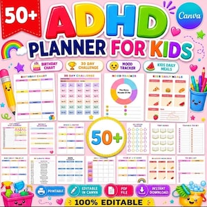 以下が含まれることがあります： ピンク色の子供向けデジタルプランナー。カラフルな文字で「ADHD PLANNER FOR KIDS」と書かれています。誕生日チャート、気分トラッカー、毎日の食事のセクションが含まれています。100％編集可能で印刷可能です。