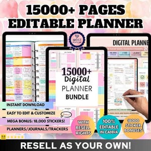 Op de afbeelding: Digitale plannerbundel met meer dan 15.000 pagina's, bewerkbaar en aanpasbaar. Inclusief 18.000 stickerbonussen. Met de tekst "15000+ PAGES EDITABLE PLANNER" en "RESELL AS YOUR OWN!"
