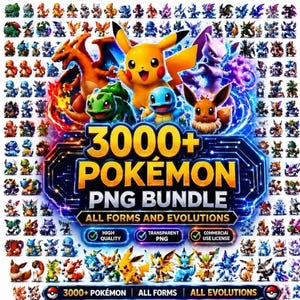 3000+ Pokémon PNG-paket | Alla former och evolutioner | Pokémon Clipart-samling | Transparent PNG | Digital nedladdning | Kommersiellt bruk