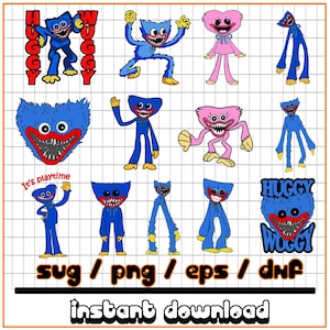 May include: A collection of colorful cartoon character designs, including blue and pink monsters with sharp teeth and the text "HUGGY" and "WUGGY". The image also includes the words "It's playtime" and file type abbreviations.