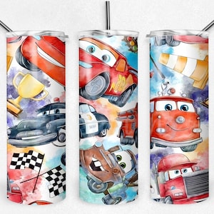 May include: A set of three stainless steel tumblers with lids and straws. Each tumbler features a colorful watercolor design of animated cars, including race cars, a fire truck, and a police car, set against a white background.