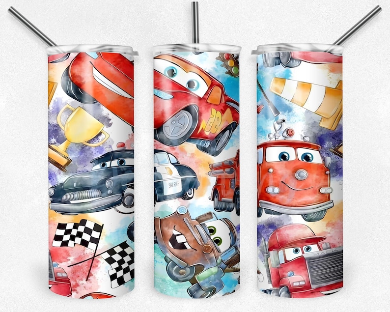 May include: A set of three stainless steel tumblers with lids and straws. Each tumbler features a colorful watercolor design of animated cars, including race cars, a fire truck, and a police car, set against a white background.