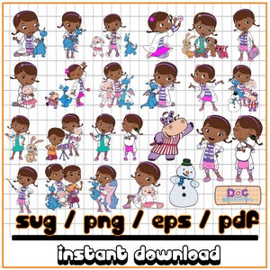 May include: A digital download graphic featuring multiple illustrations of a cartoon girl in a doctor's coat, with various animal characters. The images include the text "svg / png / eps / pdf" and "instant download".