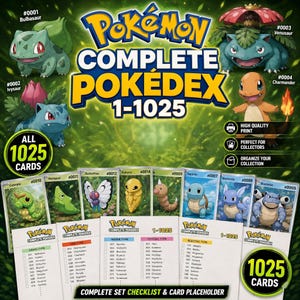 Pode incluir: Um conjunto Pokemon Complete Pokedex 1-1025 com cartas colecionáveis ilustradas de Bulbasaur, Ivysaur, Venusaur, Charmander, Caterpie, Metapod, Butterfree, Kakuna, Weedle, Squirtle, Wartortle e Blastoise com listas de verificação.