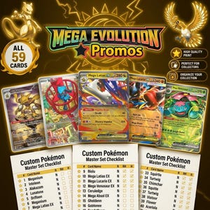 May include: A collection of five trading cards featuring Mega Latias EX, Riolu, Alakazam, Mega Lucario EX, and Mega Venusaur EX, displayed above three white checklists titled Custom Pokémon Master Set Checklist with numbered card names.