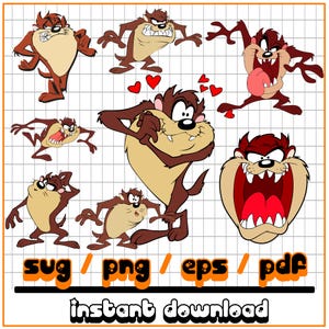 May include: A digital download graphic featuring multiple illustrations of the Tasmanian Devil cartoon character in various poses. The images are in shades of brown, tan, and red, with the words "SVG / PNG / EPS / PDF" and "instant download" in orange and black.