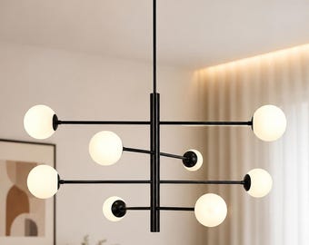Lámpara de araña moderna Sputnik negra con globos de cristal, lámpara de techo de 8 luces, iluminación minimalista para sala de estar.