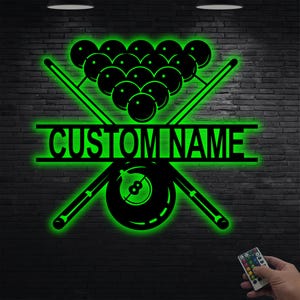 Custom Billiards Metal Sign LED Light, Personalized Name Sign, Pool Player Decor, Wall Decor, Gift For Billiards Lover