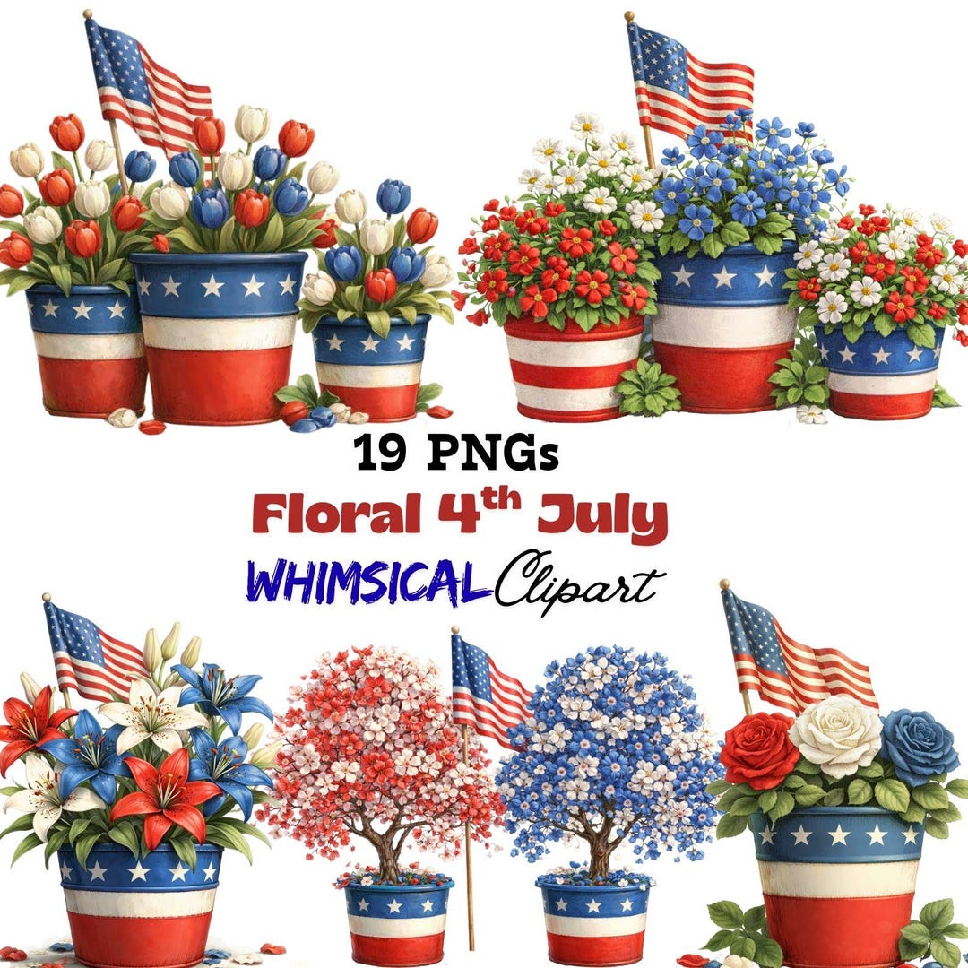 Patriotic Floral Clipart Bundle: 4th of July Watercolor Flowers ...