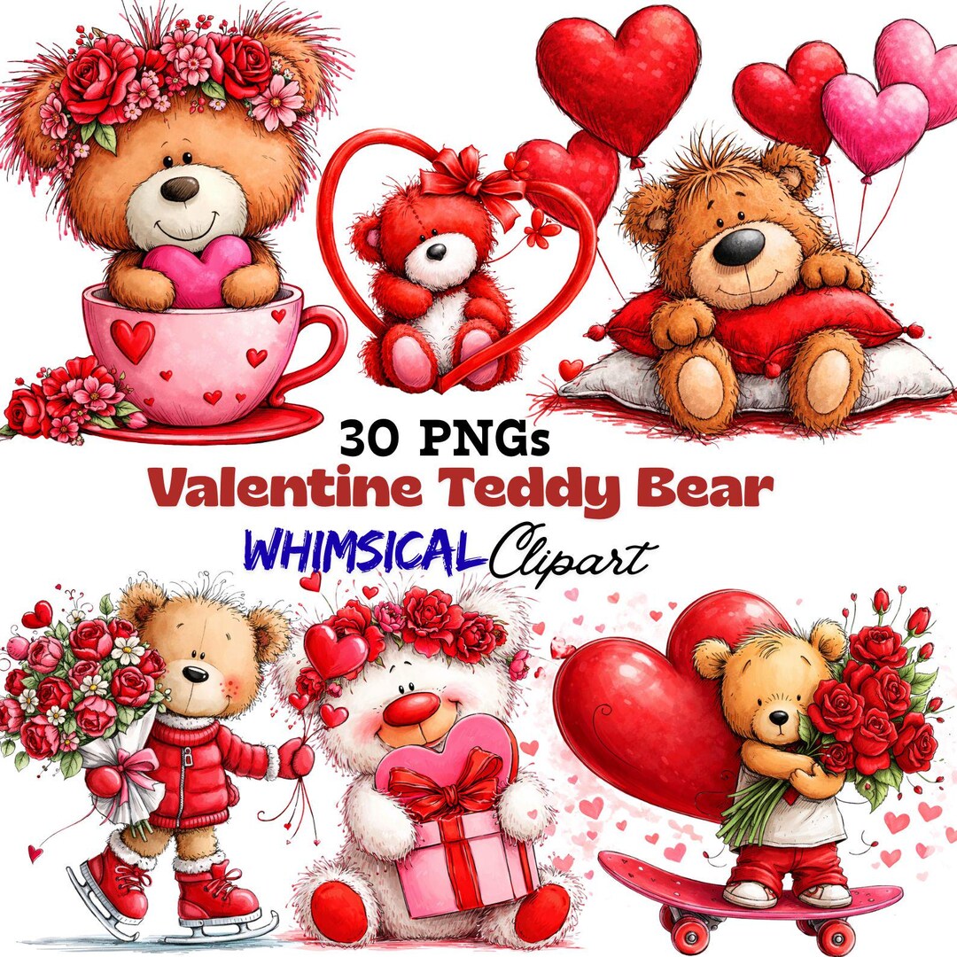 Watercolor Valentine Teddy Bear Clipart | Romantic PNG Graphics ...