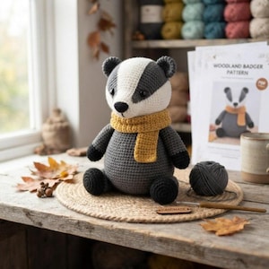May include: A crocheted badger toy with dark gray and white yarn, wearing a mustard yellow scarf. The badger has black eyes and a black nose. Beside it sits a ball of dark gray yarn, a wooden crochet hook, and a tag labeled HANDMADE.