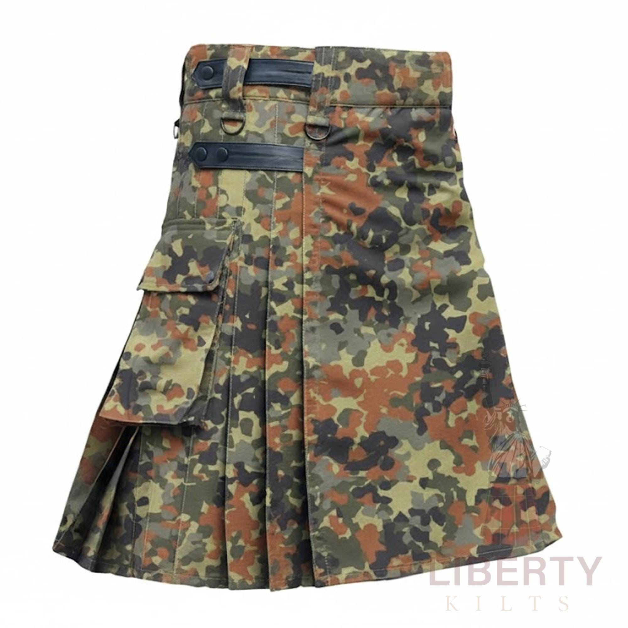Flecktarn Camouflage Utility Kilt for Men, Tactical German Camo Cargo Kilt with Leather Straps