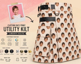 Kilt utility personalizzato con stampa del viso, regalo fotografico personalizzato, kilt unisex fatto a mano