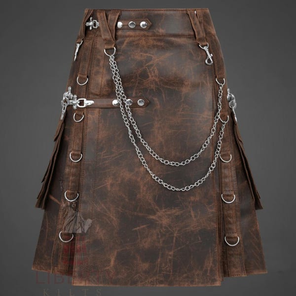 Kilt utilitaire en cuir marron effet vieilli fait main, style gothique Highland