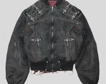 Gothic Cross Patch Leather Bomber Jacket | Handmade Punk Rock Streetwear