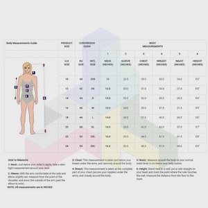 May include: A body measurements guide with a diagram of a person and a table detailing sizes in inches. The table includes neck, sleeve, chest, breast, waist, and height measurements, along with US, EU, and international sizes.