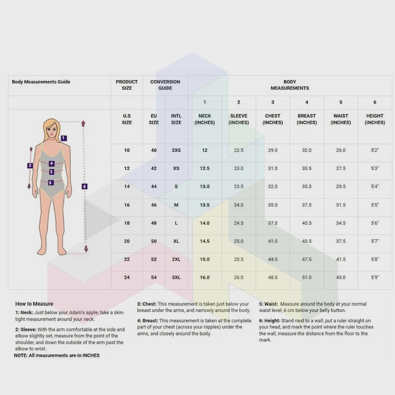 May include: A body measurements guide with a diagram of a person and a table detailing sizes in inches. The table includes neck, sleeve, chest, breast, waist, and height measurements, along with US, EU, and international sizes.