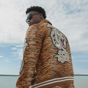May include: A brown and black tiger-striped jacket with a large embroidered tiger head on the back. The jacket has white and brown striped cuffs and a patch on the sleeve. The jacket is worn with sunglasses.