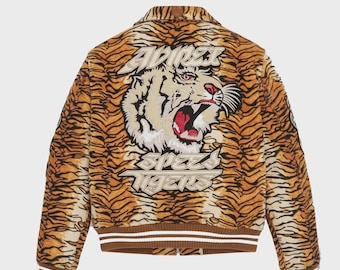 Op maat gemaakt vintage leren bomberjack | Avirex-stijl tijgerstreep heren/dames | Koeienhuid schapenvacht