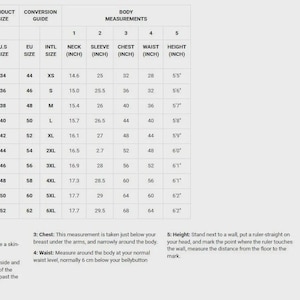 May include: A body measurements guide with a product size chart, conversion guide, and body measurements in inches. Includes a diagram of a person with measurement points and instructions on how to measure neck, sleeve, chest, waist, and height.