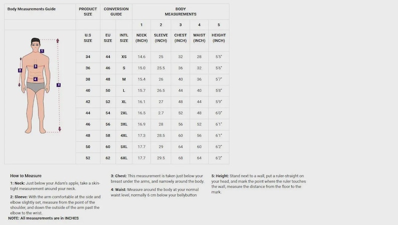 May include: A body measurements guide with a product size chart, conversion guide, and body measurements in inches. Includes a diagram of a person with measurement points and instructions on how to measure neck, sleeve, chest, waist, and height.