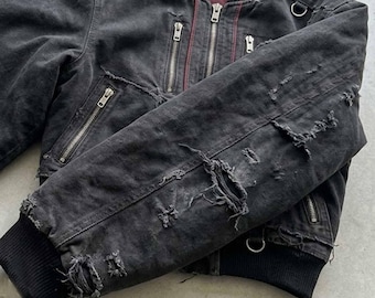 Punk Denim Jacket Distressed Grunge Bomber Alt Fashion Gothic Streetwear