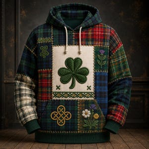 Sudadera con capucha de retazos de tartán celta, sudadera con capucha escocesa con trébol bordado, jersey de herencia irlandesa