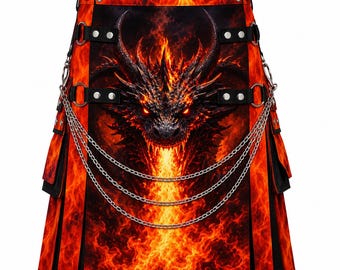 Kilt cargo Dragon Fire / Kilt gotico fatto a mano con catene / Taglia personalizzata