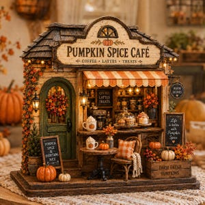 May include: A miniature Pumpkin Spice Café model featuring a wooden structure with a striped awning, a green door with a wreath, and interior shelves displaying coffee and treats. The exterior includes pumpkins, a sign, and warm lighting.